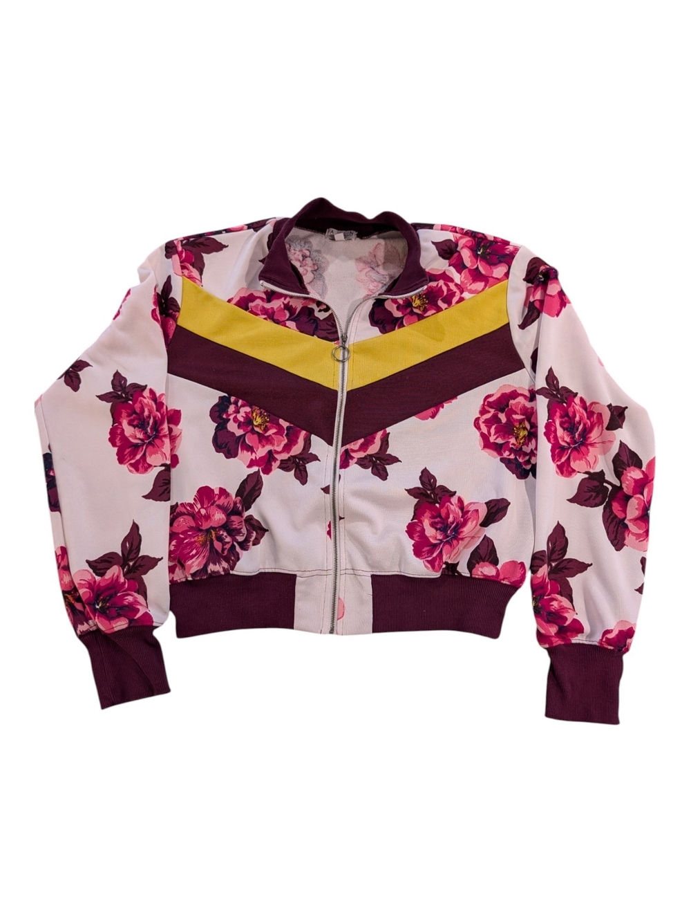 Floral Zip-Front Track Jacket in Pink and Burgundy